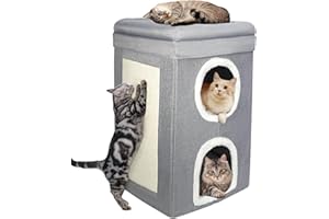 UNKJIN 2 Layer Cat House, Cat Beds for Indoor Cats, Foldable Large Cat Bed with Scratch Pad and Cave, Covered Cat House Indoor, Semi-Enclosed Cat Bed Igloo for Multi-Pet Kitten and Little Dogs, Grey