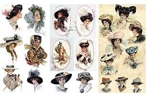 Decoupage Paper Pack (12 Sheets A4 / 20x30cm) Victorian Lady Hats FLONZ Vintage Ephemera