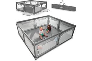 LIONELO WILLOW XL Parc Bébé Pliable, 0-48 mois, Grand Espace de 187 cm x 207 cm x 68 cm, Barrière Parc Bébé en Maille Respirante, 2 Entrées Latérales Zippées (Gris) (Grey)