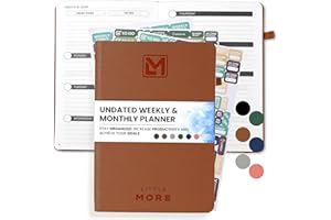 LM LITTLE MORE Little More Undated Weekly & Monthly Planner - Set Goals, Increase Productivity & Manage Time - Includes Planner Stickers - Undated Planner, Notebook & Agenda - A5 (5.8”x8.3") - Brown