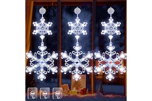 Fulybao 3Pcs LED Christmas Snowflake Window Lights, Battery Powered Window Lights Christmas Decorations with Timer, 2 Modes, Hanging Star Window Light for Party, Shop, Indoor Xmas Decoration(White)