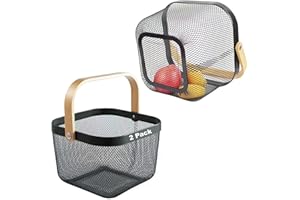 HSJYFSH 2 Stück Garten-Erntekörbe, Picknickkörbe mit robustem Metallgeflecht und Bambusgriff, perfekt zum Einkaufen, Gartenarbeit, Picknicks und Organisieren