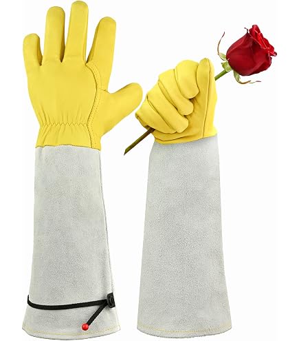 Guantes De Jardinería De Piel De Vacuno Manga Larga - Protección Hasta El Codo, Resistentes A Espinas, Talla M Amarillo