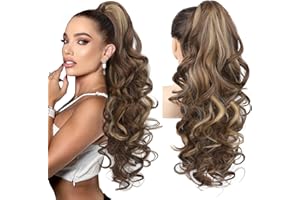Brikabia Ponytail Extension, 24" Claw Clip in Ponytail Extensions Long Curly Wavy Ponytail Hair Extension Jaw Clip on Pony Tails Natural Hairpiece for Women, Chestnut Brown with Golden Highlights
