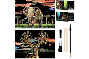 ARTSPER 2 PACK Animal scratch art rainbow painting paper(Elephant/Deer), Engraving Art & Craft Set, Creative foil scratch toys gift, DIY sketch card scratchboard for Teen, Adults, Girl, Women - 16'' x 11.2''