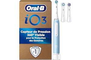 Oral-B Brosse A Dents Electrique iO 3 Bleue, 3 Modes De Nettoyage Dont Blancheur, Brossage Silencieux, Capteur De Pression, 3 Brossettes De Rechange Oral B, Embouts Ronds, Chargeur, En Carton