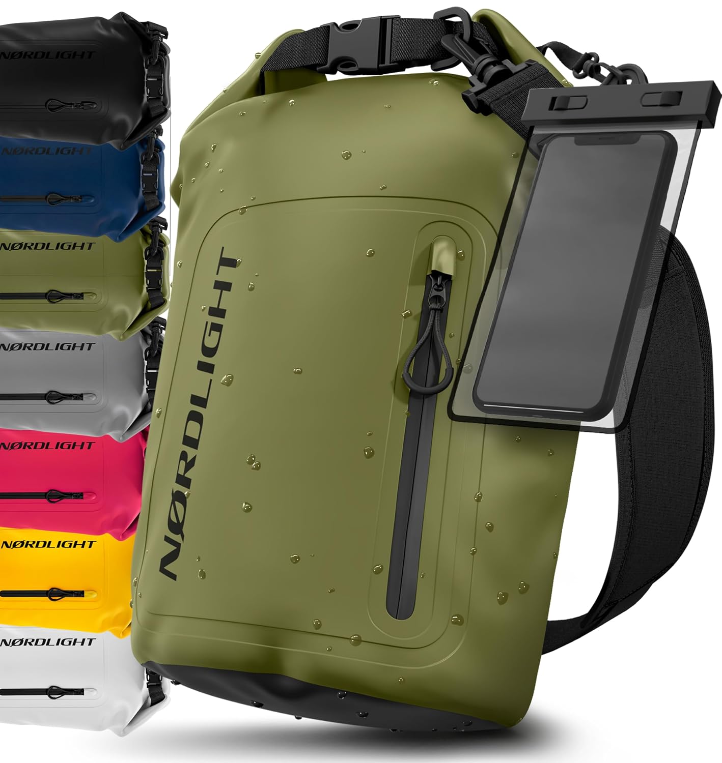 Nordlight Dry Bag Waterdichte Tas met Telefoonhoes + Roll-Top, Schouderriem | Drybag Waterdichte Rugzak Waterdichte Pakzak Packsack Duffeltas Wetbag | Zwemmen Strand SUP Kanoën - Olijfgroen, 20 Liter