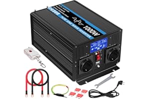 JIGUUN 1000W Inversor 12V 220V Onda Pura Inverter con Cargador 30A y Circuito Prioritario de Red y SAI，2 Tomas UE, Mando a Distancia Inalámbrico y Pantalla LCD Potencia Pico 2000W