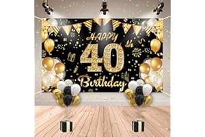 HLEIUKT 40 Geburtstag Deko Männer und Frauen, 40. Geburtstag Banner Schwarz Gold, 40 Jahre Banner Geburtstag mit 20 Stück Luftballons, Extra Große Stoff Hintergrund Geburtstagsdeko Party Deko