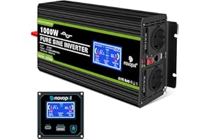 NOVOPAL Convertisseur Pur Sinus 1000W- Onduleur Convertisseur 24V 220V 230V avec télécommande et Dual AC Prises et écran LCD,pour Voiture, Caravane, Bateau, Camping, Voyage
