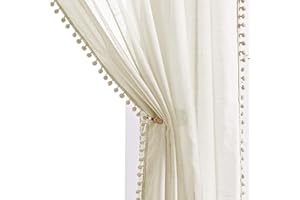 TREATMENTEX Pom-Pom Linen Sheer Curtain Panels for Nursery 54-inch Light Weight & Airy Pencil Pleat Voile Curtains Slub Textured Natural Farmhouse Semi-Transparent Window Drapes for Childrens Bedroom 52" w 1 Pair