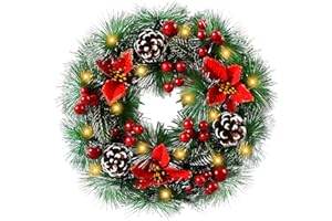 JAMITE Couronne de Noël,Diamètre 30CM Guirlande de Noël Artificielle,pour la décoration de la Porte d'entrée Décoration avec de Flocons de Neige Baies Pinécone(Livré avec des lumières LED)