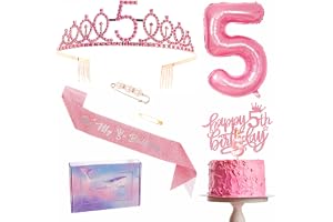 Rosa 5:e födelsedagsdekorationer – flickans 5-årsdag skärp och tiara set, festskärp krona, tårtdekoration, folieballong, ljus