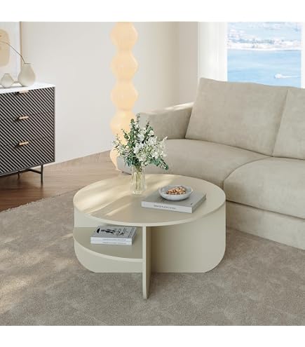 Table Basse Salon Ronde Blanche Crème - Ensemble 2 Tables (70 Cm + 50 Cm) - Style Minimaliste, Plateau Bois, Piètement Métal - 5