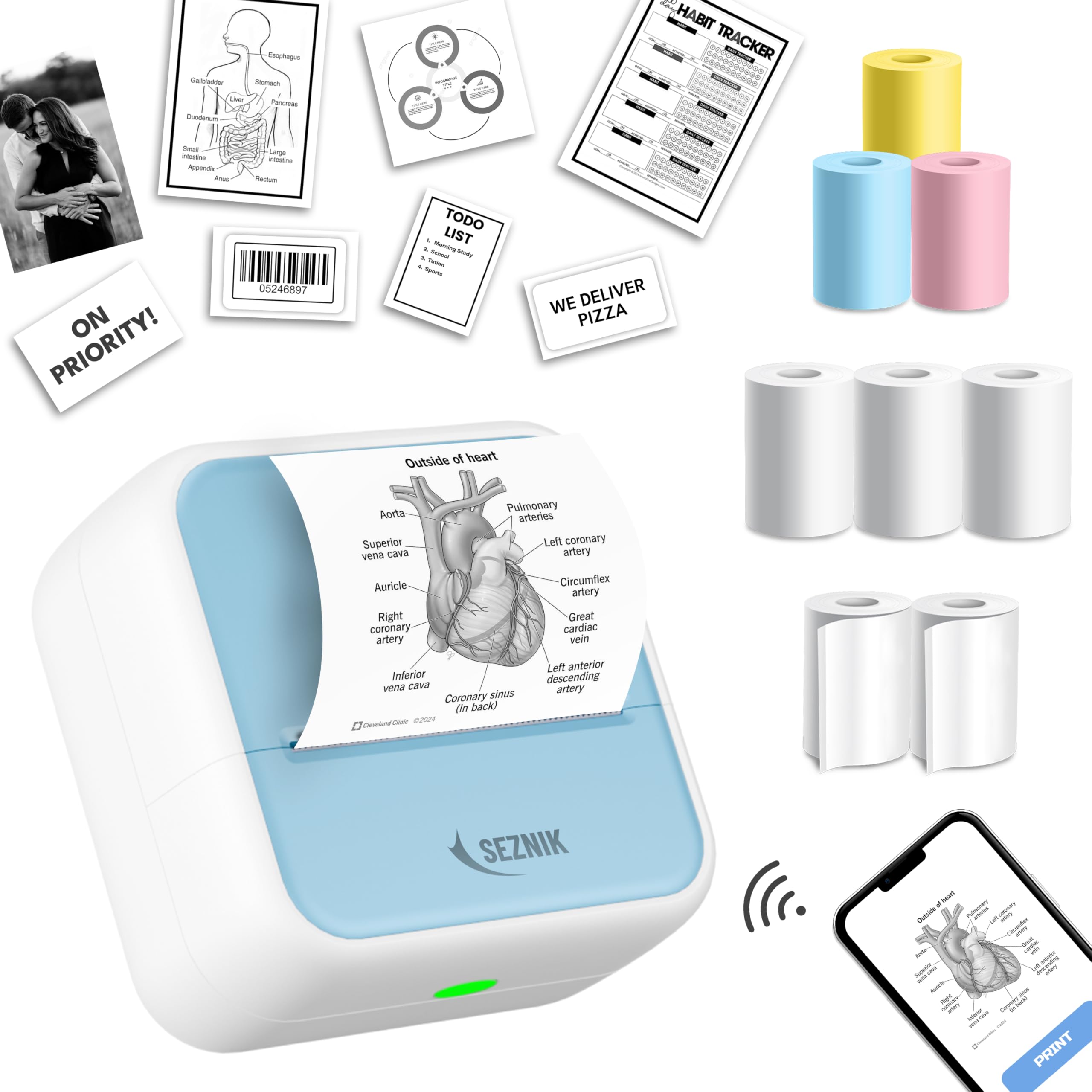 SEZNIK Mini Printer, Inkless, Bluetooth, Portable Pocket Printer, Compatible with Android, iOS Mobile. 1 Year Warranty (MiniX