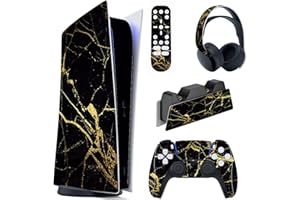 playvital Black & Gold Marble Effect Full Set Skin Decal for ps5 Console Digital Edition, Sticker Vinyl Decal Cover for ps5 Controller & Charging Station & Headset & Media Remote