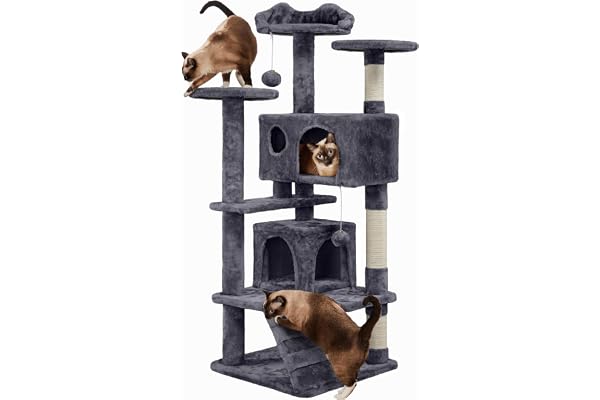Yaheetech Arbre à Chat 139 cm, Arbre à Grimper avec 2 Niches 3 Plateformes 2 Boules en Sisal Multi-Niveaux Idéal pour 3-4 Chats, Gris Foncé