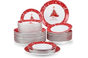 VEWEET - Vajilla de Navidad Completa de 36 Piezas para 12 Personas en Porcelana, con Platos Llanos, Platos de Postre y Platos Hondos, con Motivo de Árbol de Navidad en Color Rojo, Serie CHRISTMASTREE