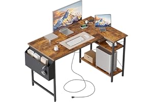 Mericonia Small L Shaped Desk with Power Outlets,100 cm L Computer Corner Desk with Reversible Shelves, Gaming Desks, Study Writing Table for Home Office, Brown
