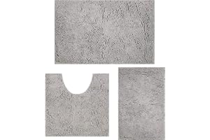 COMPOLICY PLACEROOM Bathroom Mat Set of 3, Bath and Toilet Mat Set,Ultra Soft Chenille Bath Mat Non Slip,Bath Mat Sets 3 Piece Washable,Super-Absorbent Bath(Light Grey bath set)