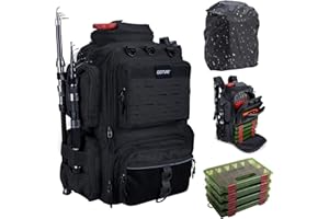 Goture 45 L Sac de pêche Dos Souple et résistant à l'eau, Tissu Oxford 900D Sac à Dos de Peche, Livré avec Deux Porte-Cannes et Une Housse de Pluie avec Quatre boîtes à appâts