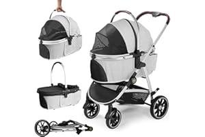 DAISTERN Poussette pour Chien 4 en 1, jusqu'à 25 KG,Pliable Cadre en aluminium anodisé à 100%, incluant un matelas en tissu Oxford amovible, pour chiens et chats de tailles moyennes et petite (Gris)