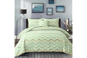 GUCHUANG BEDDING Sage Green/Gold Bedding Set 3 Pieces Metallic Geometric Striped Duvet Cover Set with 2 Pillowcases Soft Microfiber Duvet Cover Double Size 200x200 cm