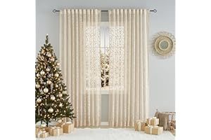 TREATMENTEX Lace Sheer Curtains Beige for Bedroom Elegant Floral Rod Pocket Living Room Curtain Panels Knitted Leaf Patterned Light Filtering Privacy Airy Semi Sheer Window Treatment Sets, 52"W x 90"L, 2pcs