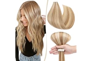 18"(45cm) SEGO 10PCS Extensiones Adhesivas Pelo Natural sin Clip [#12/613 Castaño Dorado/Blanqueador Rubio] Cabello Remy con Cinta Adhesiva Liso Invisible Balayage Tape in Human Hair Extensions (25g)
