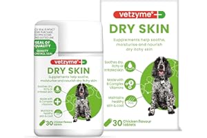 Vetzyme Dry Skin Tablets for Dogs (30 Tablets) - Dry and Itchy Skin Relief, Promotes Healthy and Smooth Skin, Tasty Chicken Flavour
