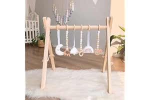 AM ANNA Wooden Baby Gym with 6 Wooden Baby Gym Hanging Toys, Foldable Wooden Activity Baby Play Gym Hanging Bar Newborn Gift Baby Girl and Boy Gym (Natural Color with 6 Hanging Toys)