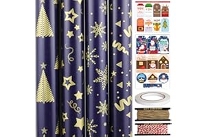 FullJoyHut 4 Rollos Papel Regalo Navideño Azul, 43CM x 3M Rollos Papel Envolver Navideño Reciclables, Papel de Embalaje Navideño de Lujo con Etiquetas y Cinta para Decoración de Fiesta