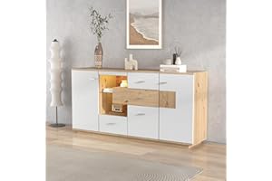 Ctastay Credenza Moderna, Mobile Contenitore, Credenza, Organizer, Cassettiera, Multifunzionale 160x40x77 cm con Illuminazione Led, 2 Ante, 4 Cassetti, Ripiani In Vetro, Legno, Bianco