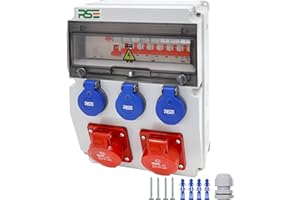 RSE Distribuidor de corriente de pared completo con cable, 32 A, 16 A, 230 V, con enchufe CEE IP65, 11. 2 x 16 A, 3 x 230 mm, con LS+FI