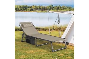 YITAHOME Leżak składany 190 x 60 x 31 cm, leżak kempingowy z 4 regulowanymi pozycjami, ze zdejmowanym zagłówkiem i kieszenią boczną, obciążenie do 190 kg, do ogrodu, na basen, kemping, khaki