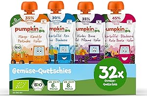 ‎PUMPKIN ORGANICS Pumpkin Organics 32er Pack QUERBEET Bio Gemüse-Quetschies - Quetschie ohne Zuckerzusatz¹ - Babynahrung für Babys ab dem 8. Monat - Kennenlernpaket (32x100g)
