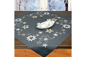 Ernst Schäfer Ernst Schäfer Stickset Sterne, Tischdeckenset zum Besticken, Stickset mit Plattstich und Stielstich zum Selbststicken für die Adventszeit und Weihnachten, Anthrazit, 85 x 85 cm