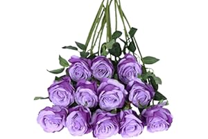 Tifuly 12 rose artificiali, 50 cm, stelo lungo singolo, in seta, bouquet da sposa, fiori realistici, per casa, giardino, feste, hotel, ufficio, decorazione (rose in fiore, viola chiaro)