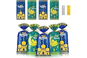 KAZATE 120 Stücke Eid Mubarak Tüten, Ramadan Geschenke Taschen mit Krawatten, Ramazan Geschenktüte kinder Zellophanbeutel, Party Treat Cellophantüten Moschee Laterne Plätzchentüten für Zuckerfest Schokolade