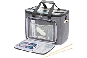FiNeWaY Knitting Bag - Heavy Duty Wool Crochet Bag, Premium Yarn Crochet Storage Bag Organiser Wool Holder with Clear PVC Lid, Shoulder Strap & Compartments - Portable Knitting Storage Bag (Grey)