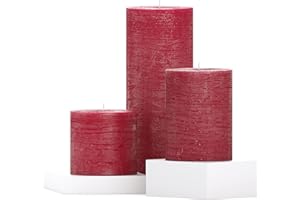CANDWAX Assorted Pillar Candles Set of 3 - Sizes 7.6/10.2/20.3 cm - Unscented Candles Ideal for Weddings and Home Decor - Bordeaux Candles