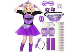 Crusward 80s Fancy Dress for Women Girls, 1980s Fancy Dress Costume Accessories Set, Women 80s T-Shirt Tutu Skirt Bumbag Leg Warmer Earrings Fishnet Gloves Necklace Glasses Bracelet Headband