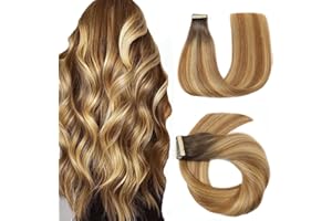 ‎HOTLULANA HotLulana Tape Extensions Echthaar 16zoll (40cm) 80g 40stück Ombre Hair Extensions Kastanienbraun Bis Hellbraun Mix Hellblond Skin Weft Haar Extensions 100% Natürliche Echthaar Extensions Tape Ins.