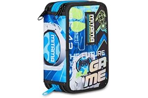 Mitama Astuccio Scuola 3 Scomparti, SUPER FUTURE GAME, Contenuto 47 pz, Completo di Matite, Pennarelli, Portapenne Scuola Elementare Bambino