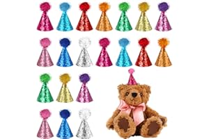 CIATBYYJ 20Pcs Multi-Color Mini Party Hats for Stuffed Animals Mini Parties Hats with Adjustable Strap Glitter Dog Cat Birthday Hat Party Hat with Tinsel Pom for Kitten Rabbit Birthday Cake Accessories
