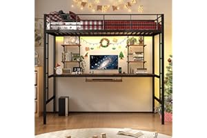Genérico Letto a Castello con Scrivania, Letto a Soppalco in Metallo con Scrivania e Scaffali, Letti Alti Matrimoniali, 90 x 190 cm, Nero