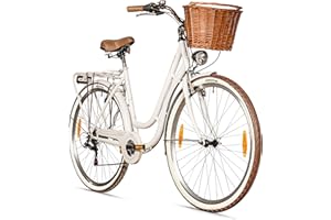 ‎BERGSTEIGER Bergsteiger Marseille 26, 28 Zoll Damenfahrrad, ab 150 cm, Korb aus Rattan, Fahrrad-Licht, Damen-Citybike, Damenrad im Retro-Design«, 6 Gang Tourney Schaltung, Kettenschaltung