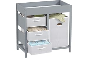 AIYAPLAY Baby Changing Table with 4 Drawers, Nursery Diaper Baby Changing Unit for 0-12 Months (max. 11kg), with Mat, Infant Care Station for Bedroom Nursery, Grey