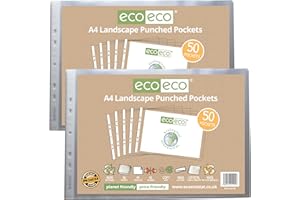 eco-eco A4 100% Recycled Landscape Multi Punched Pockets Glass Clear, Transparent Poly Wallet Sheet Protector, 45 Microns (2 Packs of 50), eco145x2