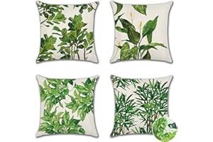 Ohok Outdoor Waterproof Cushion Covers 45x45 cm Pack of 4 Decorative Cushion Covers Cushion Case for Sofa Couch Living Room Outdoor Patio Garden Farmhouse Home Decor (Green Leaves and White Flowers)